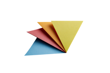 Four colored paper triangles, arranged fan-like, on black background.  Sharp angles, vibrant colors
