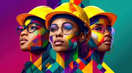 This vibrant artwork showcases three confident women wearing hard hats and glasses, adorned with colorful geometric patterns, symbolizing strength and diversity.