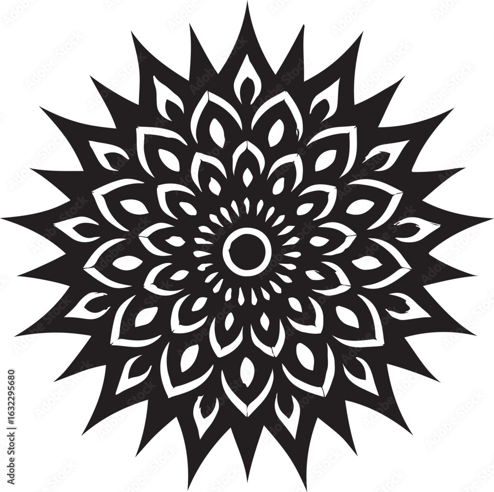 Poster intricate black and white floral pattern with sharp edges and circular center