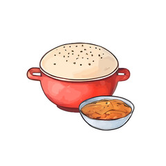 Illustration of a pot of soup and a bowl isolated on a white background