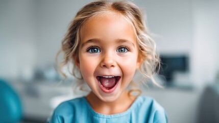 A cheerful young girl with bright blue eyes and a wide smile expresses joy with an open mouth. It creates a sense of happiness.