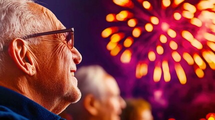 An elderly man with glasses enjoys a vibrant fireworks display, capturing a moment of celebration and joy.