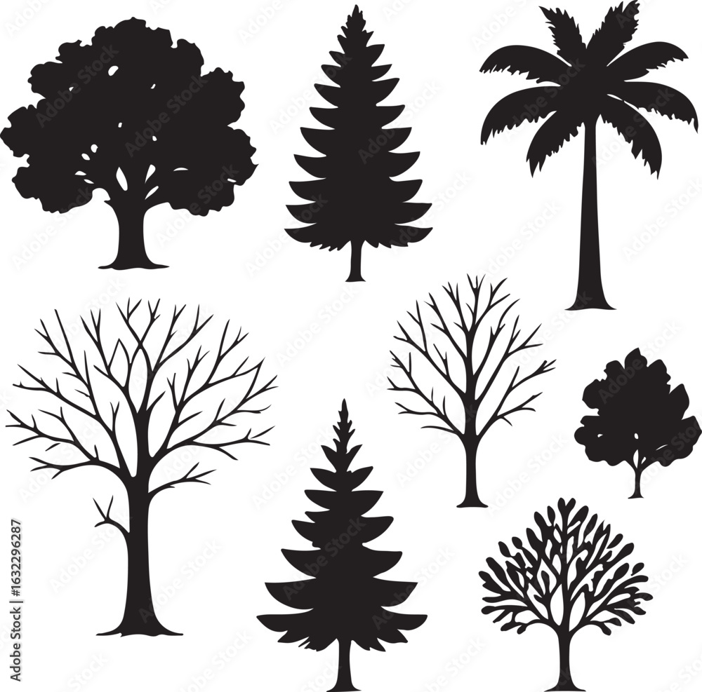 Poster silhouette collection of various tree types including deciduous coniferous and palm trees