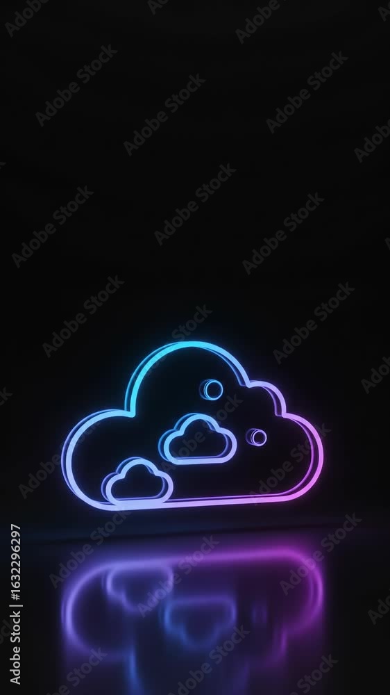 Poster luminous cloud technology: neon-outlined clouds float and reflect, symbolizing data storage and digi