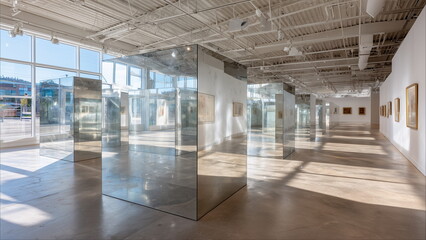 Contemporary art installation of a minimalist mirror maze with tall mirrored walls, natural daylight casting complex reflections, set in a bright, gallery-like environment.