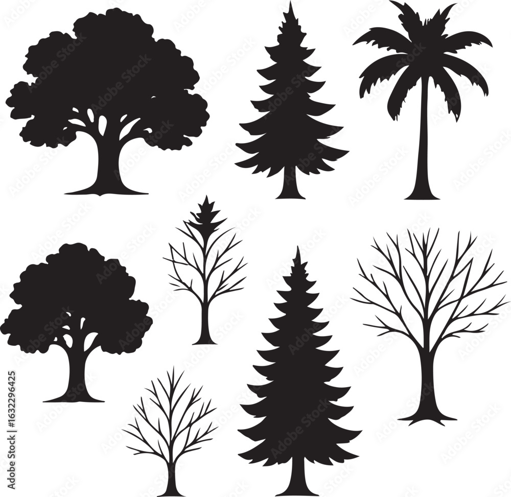 Poster silhouette collection of various tree types including deciduous coniferous and palm trees