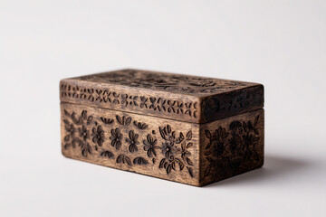 Photorealistic view of a recycled wood spice box with etched floral motifs