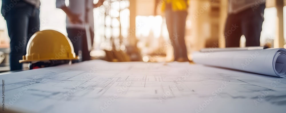Poster construction workers collaborate over blueprints in a well-lit workspace, highlighting teamwork and 