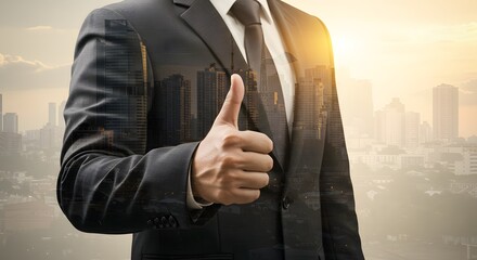 Business Success Concept: Businessman with Thumbs Up Against Cityscape