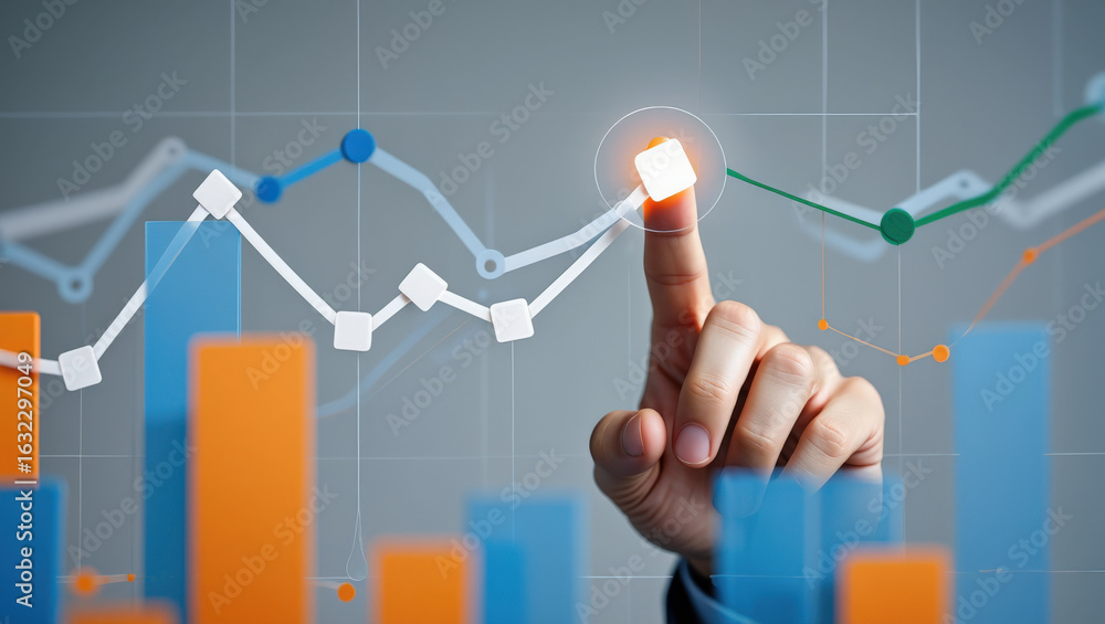Poster interactive data visualization a hand touching a digital screen displaying dynamic charts and graphs