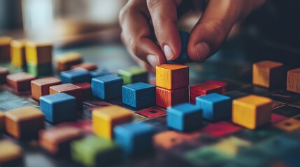 Fototapeta premium A close-up shot of hands stacking colorful game pieces, highlighting the joy of strategic board gaming and leisure activities with friends.