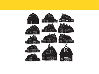Collection of rustic farm barn silhouettes. Vector icons of various agricultural buildings isolated on white.