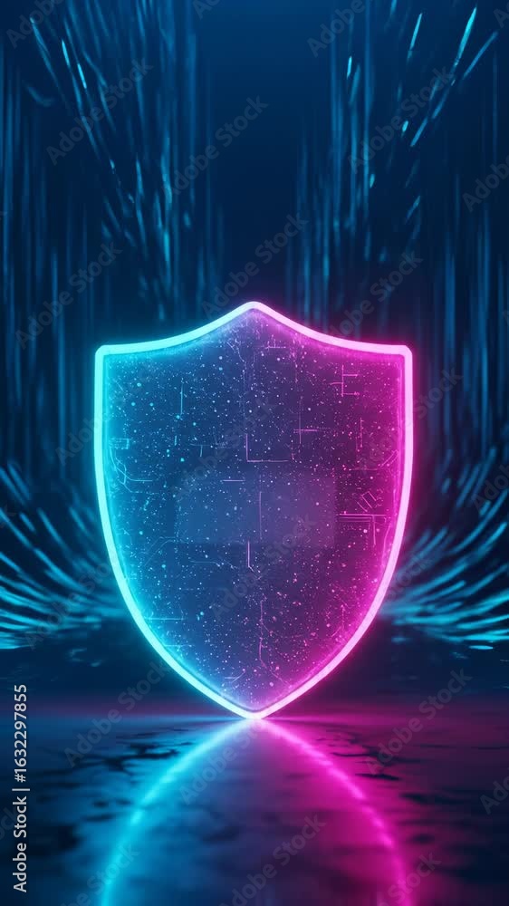 Poster digital cyber security shield: a luminous emblem protecting against cyber threats with neon-lit data