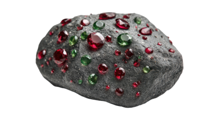 Dark stone studded with many small, vibrant red and green gems. Water droplets cling to the surface