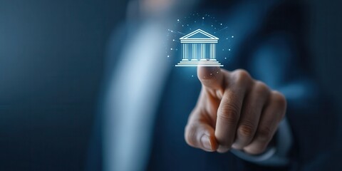 Hand Touches Digital Bank Building Icon on a Screen Interface