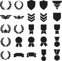 Collection of Black and White Award Icons Including Laurels Medals and Shields