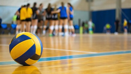 Yellow-blue volleyball resting on gym floor, team of athletes huddled in background, blurred action, indoor sports setting, teamwork, competition energy, focus on the game