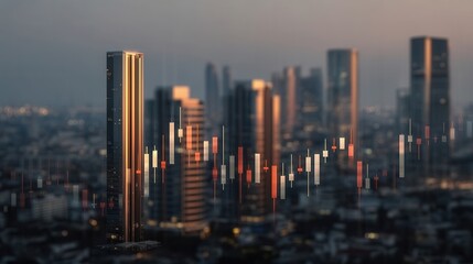 Financial Graph Overlaying an Urban Cityscape at Sunset in Jakarta