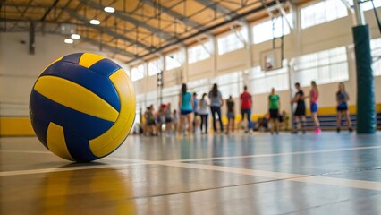 Yellow-blue volleyball resting on gym floor, team of athletes huddled in background, blurred action, indoor sports setting, teamwork, competition energy, focus on the game