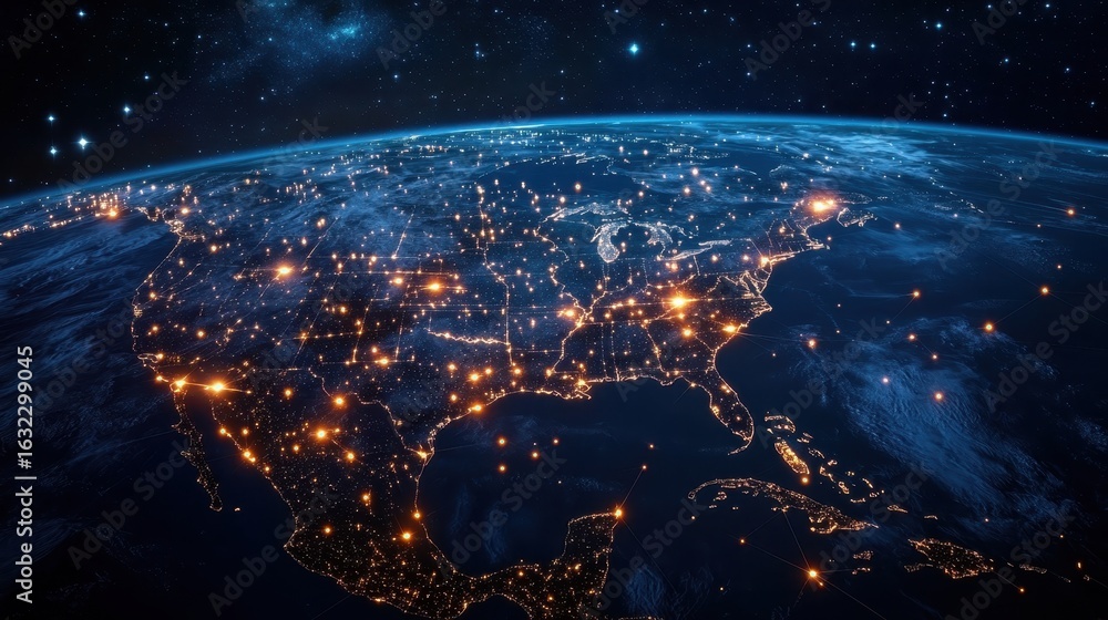 Poster high-tech visualization of north america seen from space with luminous digital pathways linking majo
