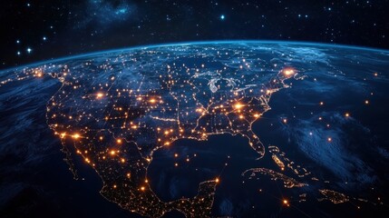 High-tech visualization of North America seen from space with luminous digital pathways linking major hubs, representing AI and data flow across networks