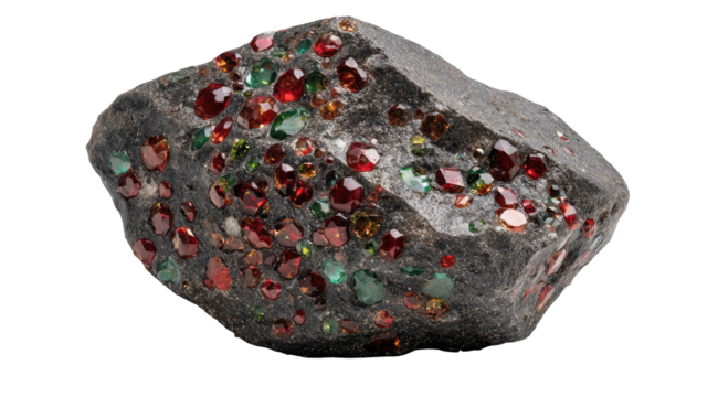 Rough, dark stone studded with vibrant red, green, and orange gems