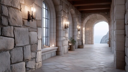 Fototapeta premium Realistic medieval-style stone hallway resembling a magical school, with candle-lit wall sconces, arched windows revealing a misty view, creating a mysterious and enchanting atmosphere.