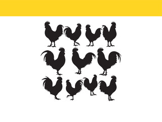 A collection of black rooster silhouettes in various poses, perfect for farm-themed graphic design and animal logos.