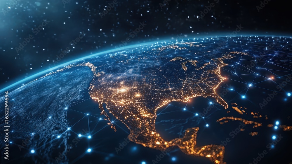 Poster high-tech visualization of north america seen from space with luminous digital pathways linking majo