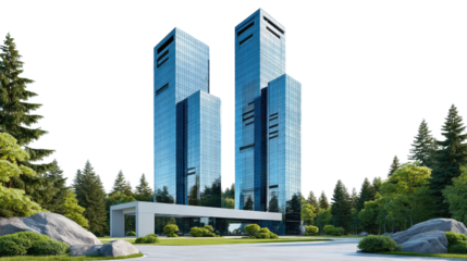 Modern Architectural Marvel: Towering, sleek skyscrapers pierce the sky, a testament to modern architectural innovation. The composition showcases geometric precision, surrounded by lush greenery.