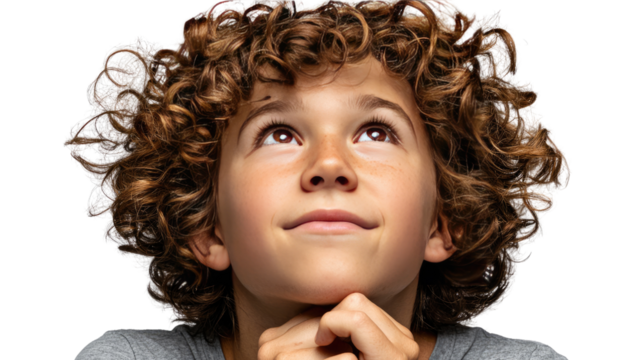 Inquisitive Gaze: Capturing a young person lost in thought, a child with a cascade of curly hair gazes upward, evoking a sense of wonder and curiosity about the world.