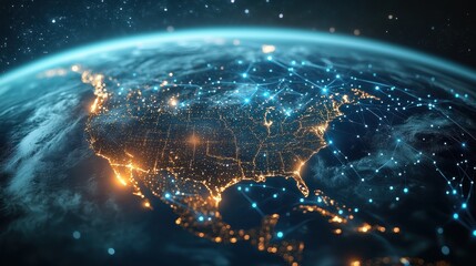 High-tech visualization of North America seen from space with luminous digital pathways linking major hubs, representing AI and data flow across networks