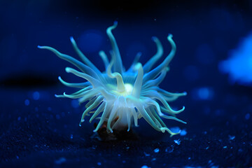 A solitary fluorescent marine polyp with ethereal glowing tentacles sits on a rock in the deep sea darkness.