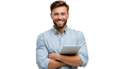Confident Professional: A handsome man confidently smiles with a tablet in his hands, presenting an air of professionalism.