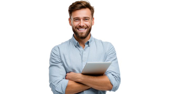Confident Professional: A handsome man confidently smiles with a tablet in his hands, presenting an air of professionalism.