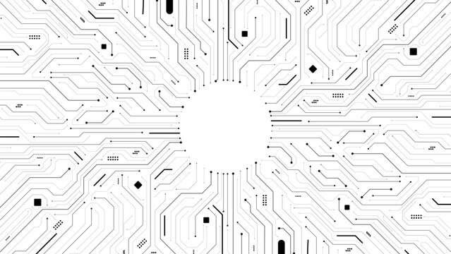 black connection paths or wire lines on circuit board or motherboard with circle in middle background template