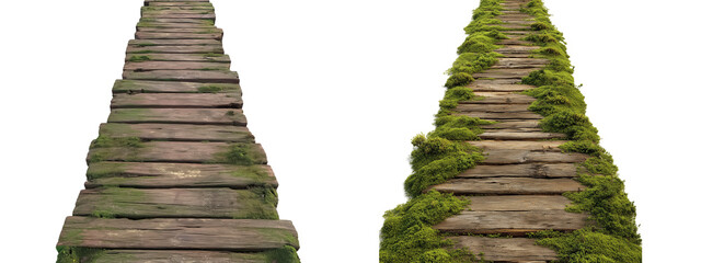 A rustic wooden pathway made of aged planks aligned in a straight line surrounded by green moss on both sides