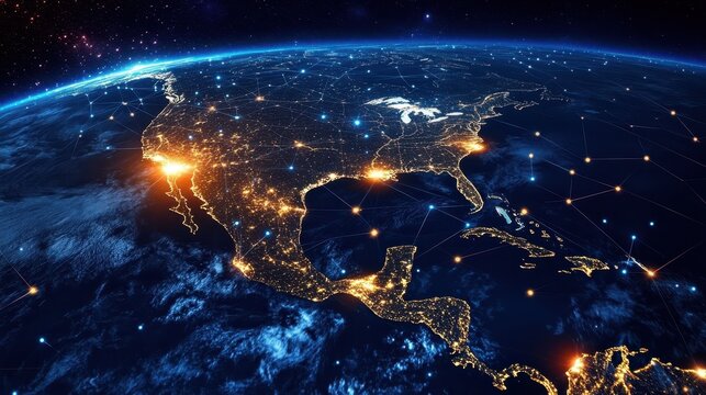 North America from orbit with illuminated digital lines forming a data mesh, advanced network infrastructure theme for 5G, IoT, and cloud technology