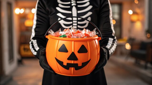 A child in a skeleton costume holds a pumpkin bucket filled with candy for trickortreating on halloween night