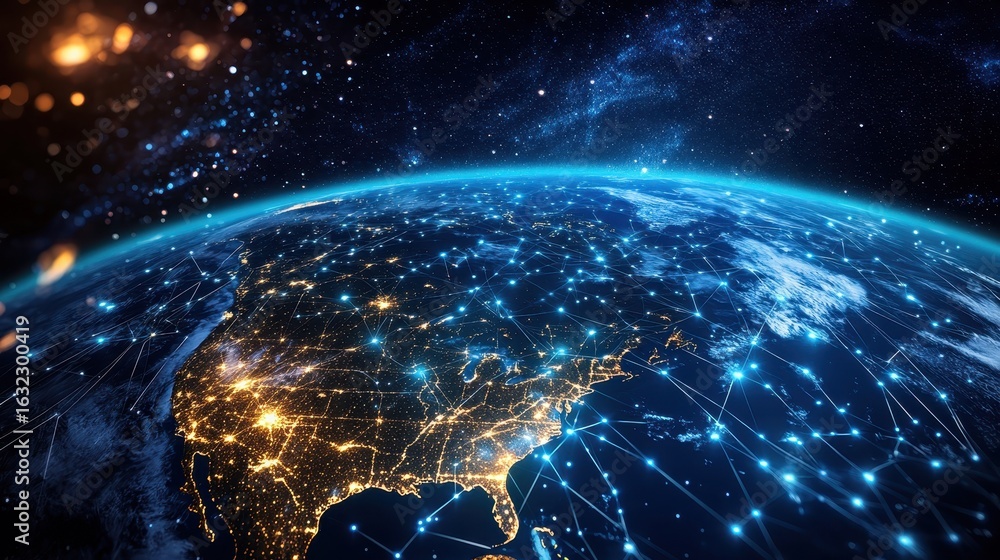 Poster north america from orbit with illuminated digital lines forming a data mesh, advanced network infras