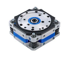 Precision industrial rotary axis with blue accents