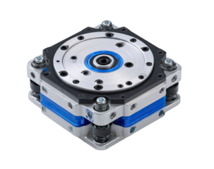 Precision industrial rotary axis with blue accents