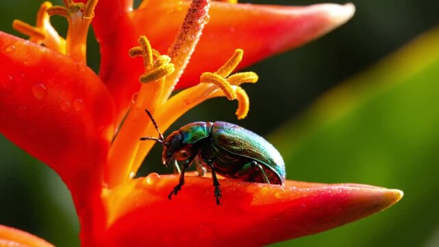 Beautiful jewel beetle in extreme close up on colorful tropical flower with shimmering metallic wings in warm sunlight