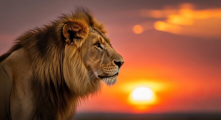 Majestic Lion Profile Against Dramatic Sunset Sky.