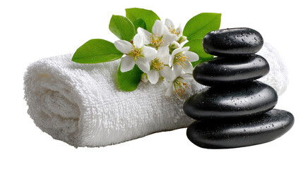Zen Spa Oasis: A serene composition showcasing spa essentials—a stack of polished, dark massage stones harmonizes with a fluffy rolled towel, elegant blossoms, and fresh leaves.