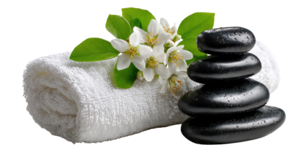 Zen Spa Oasis: A serene composition showcasing spa essentials—a stack of polished, dark massage stones harmonizes with a fluffy rolled towel, elegant blossoms, and fresh leaves.