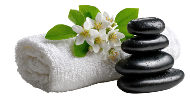 Zen Spa Oasis: A serene composition showcasing spa essentials—a stack of polished, dark massage stones harmonizes with a fluffy rolled towel, elegant blossoms, and fresh leaves.