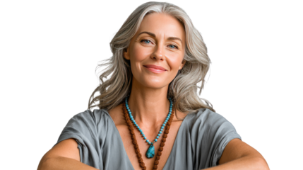 Serene Senior Portrait: A portrait of a graceful senior woman with flowing silver hair and a radiant smile, exuding wisdom and serenity. The soft, natural light enhances her gentle features.