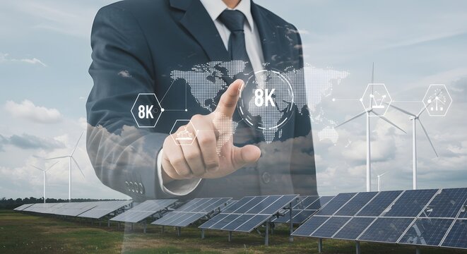 Businessman touching digital screen with renewable energy concept, solar panels and wind turbines
