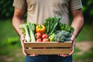 Close-up hands of an male farmer with his harvest of garden vegetables in a wooden box. Natural products as the basis of health in any age.